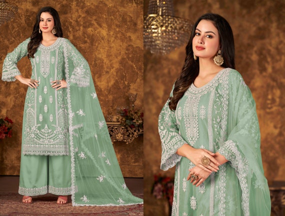 Pista green Color Designer Fancy Net Fabric Salwar Suit In Net Fabric With  Embroidery As Semi Stitched - shreematee - 4097723