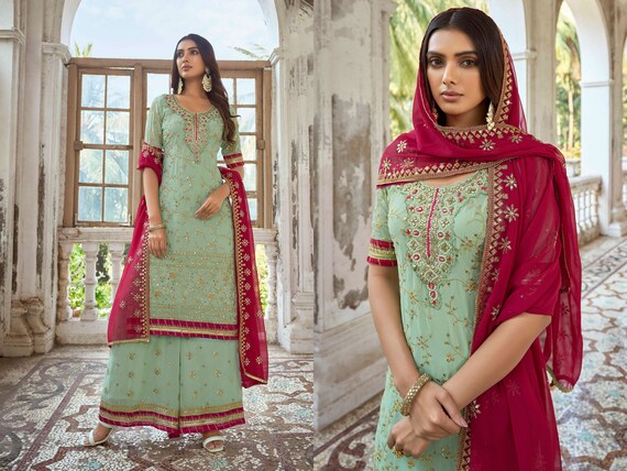 Sea Green Heavy Faux Georgette Salwar Kameez With Heavy Thread Embroidery With Sequins Work India Salwar Suits for Womens Clothing Dresses Etsy Canada