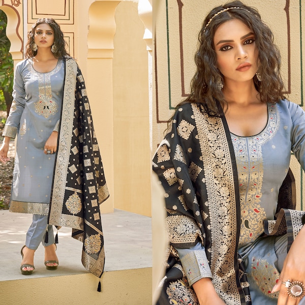 Grey Banarasi Jacquard Salwar Kameez With Jacquard Zari Woven Work | salwar kameez readymade | Bollywood Salwar Suit | Designer Salwar Suit