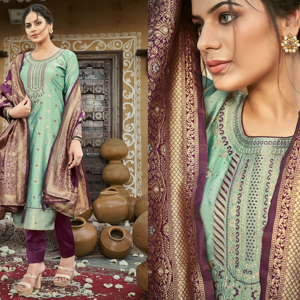 Mintgrün Banarasi Jacquard Salwar Kameez mit Jacquard gewebt mit Swarovski Diamond Work | Salwar Anzug | salwar kameez plus size