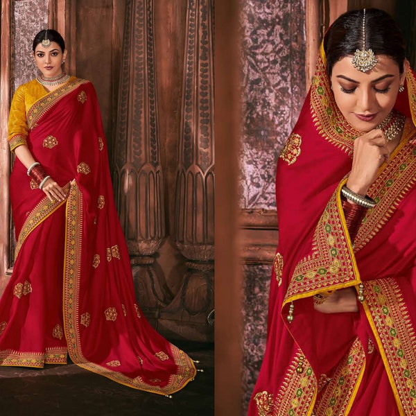 Exclusif Satin Georgette Red Designer Heavy Embroidery Saree avec chemisier brodé | Sari tendance avec chemisier | Vêtements De Mariage Femmes en ligne