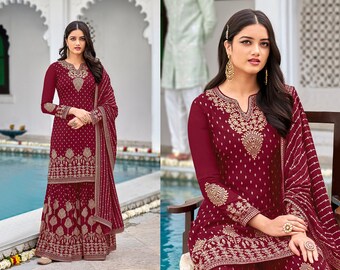 Heavy Faux Georgette Latest Designer Maroon Salwar Kameez Thread Embroidery With Sequins Work | wedding salwar suit | Pakistani Salwarkameez