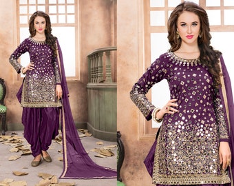 Purple  taffeta silk Beautiful salwar kameez with heavy mirror hand work