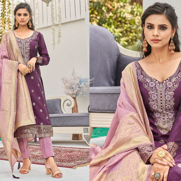 Wine Banarasi Jacquard Salwar Kameez With Jacquard Woven with Swarovski Diamond Work | salwar kameez readymade | Partywear Straight Suit