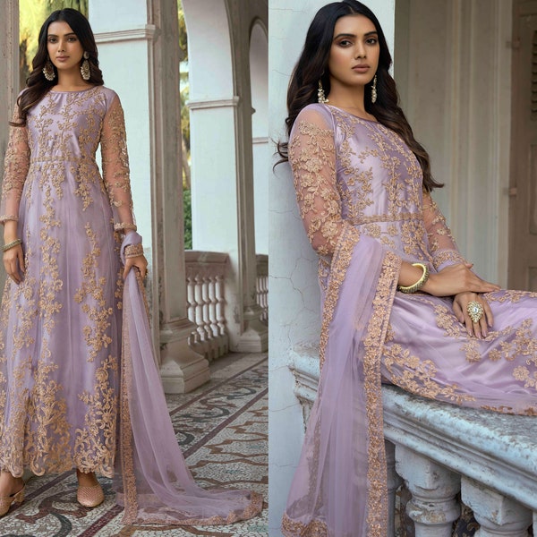 Lavender Butterfly Net Salwar Kameez with Heavy Thread Embroidery With Sequins Work | Designer Readymade Pakistani Anarkali Salwar Suits