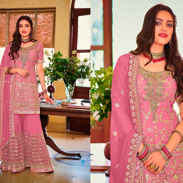 Designer Function Wear Heavy Readymade Salwar Suit Collection Pink Premium Silk Palazzo Straight