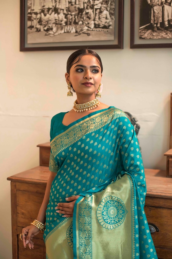 Rama Green Jacquard Silk Saree With Jacquard Woven Work Beautiful Saree  Designer Saree Wedding Saree Indian Sari With Blouse Piece 