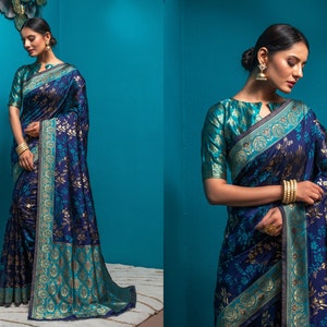 Blue Banarasi Silk Blend Beautiful Saree With Jacquard Woven Work | Reception Wear Saree | Wedding Saree | Silk Blend Sari With Blouse Piece