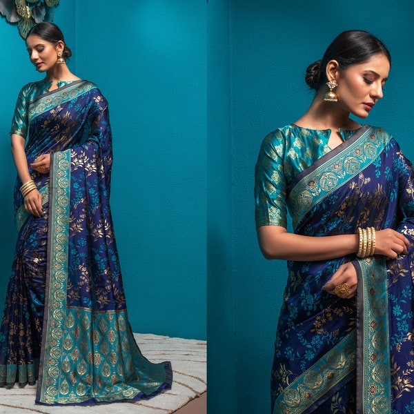 Blaue Banarasi Seidenmischung Schöne Saree mit Jacquard gewebter Arbeit | Empfang Tragen Saree | Hochzeit Sari | Seidenmischung Sari mit Blusenstück