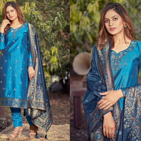 Firozi (Blau) Banarasi Jacquard Salwar Kameez mit Jacquard Woven mit Swarovski Diamond Work | Salwar Anzug Readymade |Salwar Anzug für Frauen