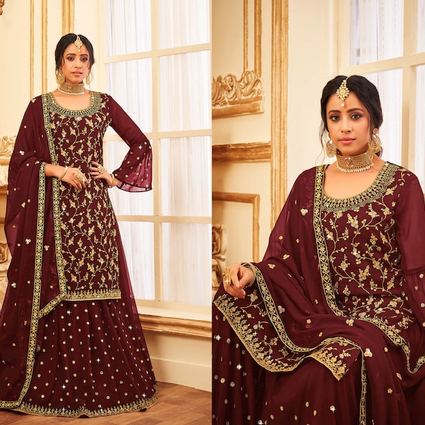 Maroon Designer Heavy Faux Georgette Salwar Kameez With Thread Embroidery Sequence Work | readymade salwar kameez | wedding salwar suit