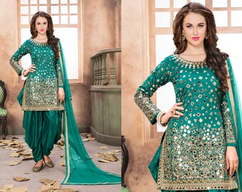 Teal designer taffeta silk Patiala salwar suit