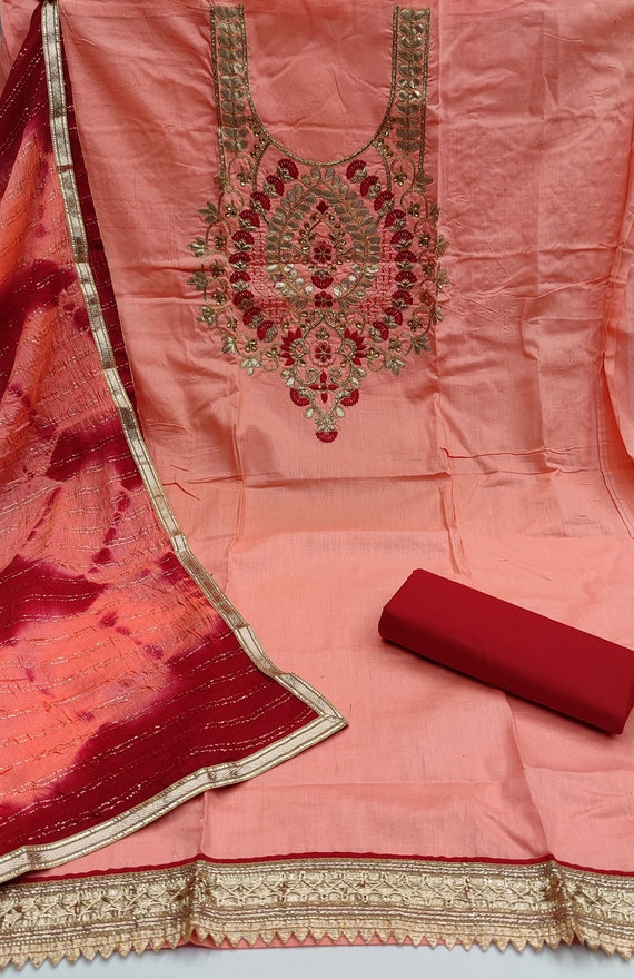 Peach Glass Cotton Dress Material With 
