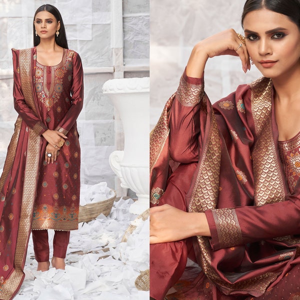 Maroon Banarasi Jacquard Salwar Kameez With Jacquard Woven with Swarovski Diamond Work | salwar suit readymade | salwar kameez for women