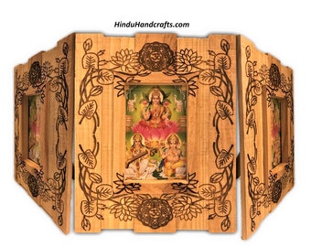 Lakshmi Saraswati Ganesha Diwali Pooja framed picture. Hindu Gods image wood frame. Laser lotus engraving with Aum symbols. Free Shipping!