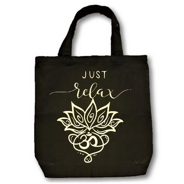 Zen Tote Bag. Just Relax with Om print. 100% cotton with Vinyl print. 13" L X 13" W. Strap is 5" L. Great for everyday use. Free Shipping.