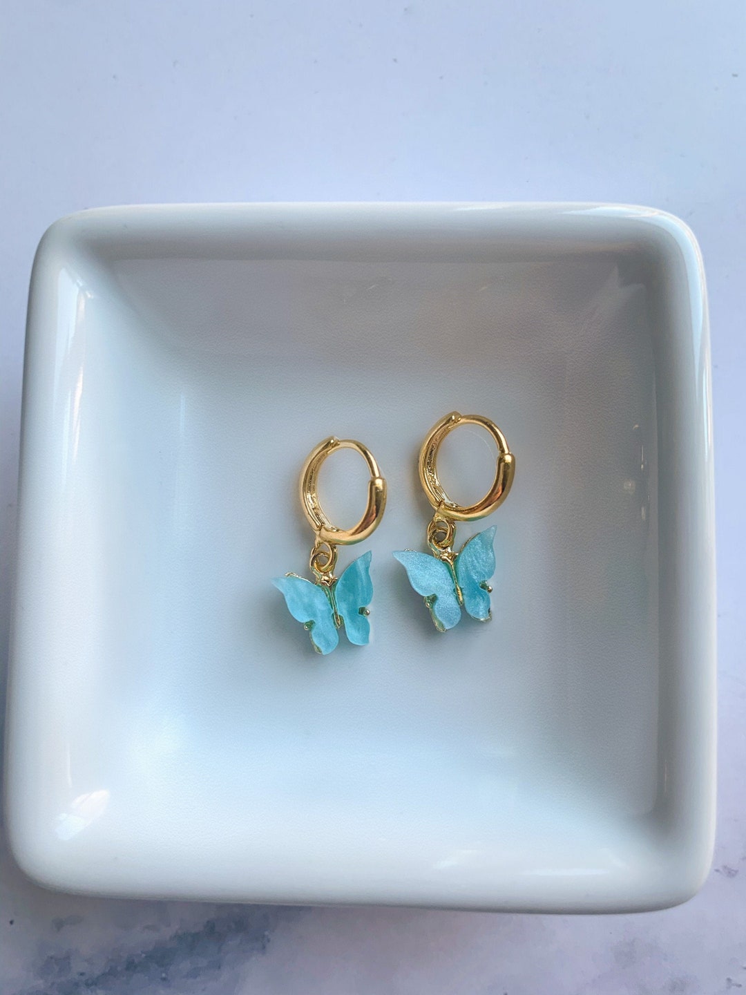 Gold Earrings Blue Butterfly Earrings Dangle Earrnings - Etsy