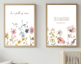 Wildflower Nursery Wall Art, Botanical Floral Prints, Girl's Nursery Decor, Flowers in a Field of Roses She Is A Wildflower