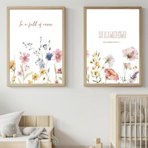 Wildflower Nursery Wall Art, Botanical Floral Prints, Girl&#39;s Nursery Decor, Flowers in a Field of Roses She Is A Wildflower