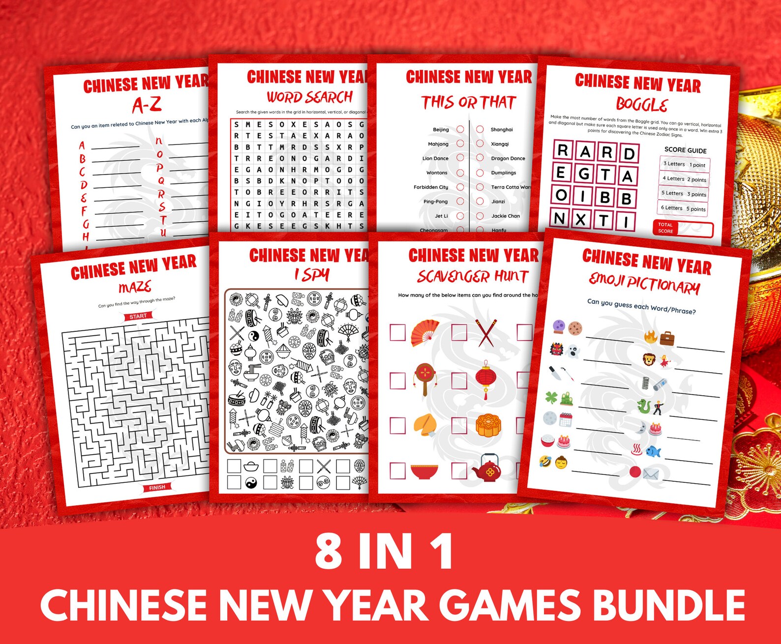 Chinese New Year Printable Games Bundle 8 in 1 Chinese New | Etsy