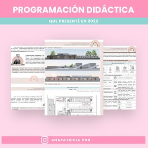Puede incluir: Una presentación titulada "PROGRAMACIÓN DIDÁCTICA" de 2022, con representaciones arquitectónicas de un edificio escolar y diagramas educativos. El diseño incluye texto en español e inglés, con un gráfico de arcoíris.