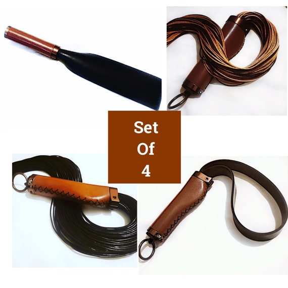 Set of 4 Flogger Strap Paddle Sensory Flogger Mocha Collection with Metal Accents Spanking Flogger  Impact Play Gear