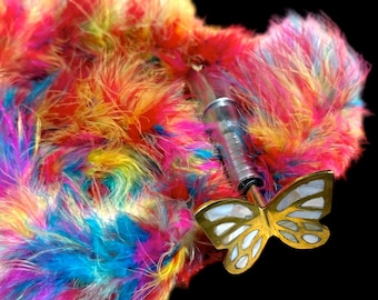 Handmade Feather Flogger: Brass Butterfly, Mother of Pearl Detail