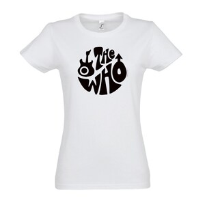 May include: White t-shirt with a black circular graphic of the band name "The Who". The design includes a guitar and a target symbol. The shirt is made of a soft material and has short sleeves.