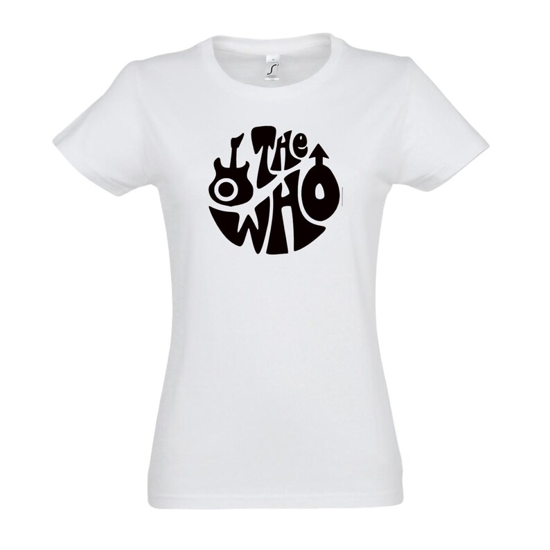 May include: White t-shirt with a black circular graphic of the band name "The Who". The design includes a guitar and a target symbol. The shirt is made of a soft material and has short sleeves.