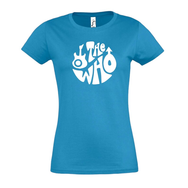 May include: A turquoise t-shirt with a white circular design featuring the text "The Who" and musical symbols. The short-sleeved top has a crew neck. The design is a classic music band logo.