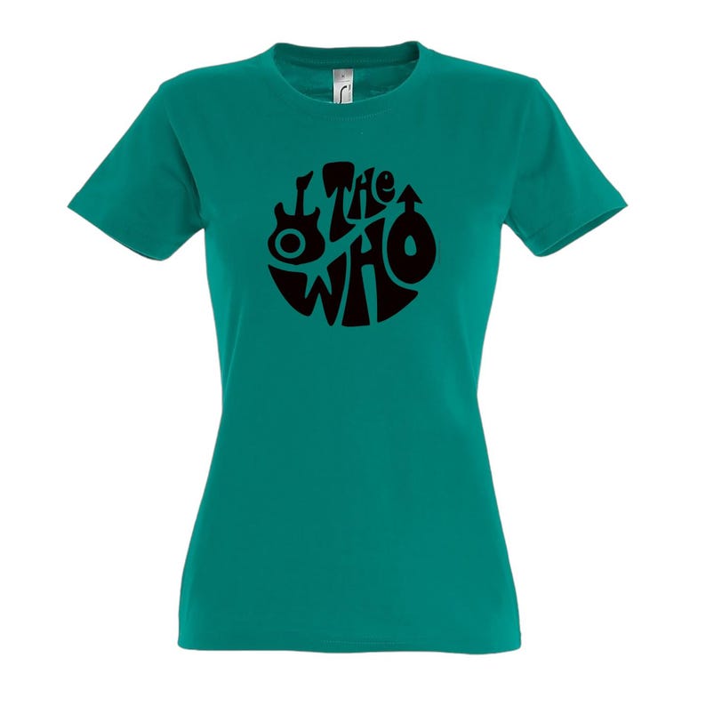 May include: Teal t-shirt with a black circular design featuring the words "The Who", a guitar, and a male symbol. The top has short sleeves and a crew neck.