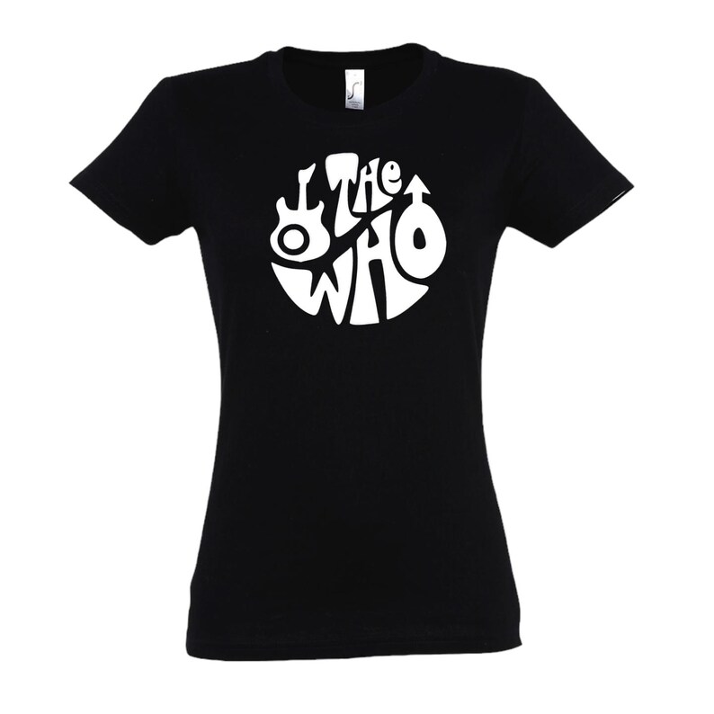 May include: Black t-shirt with a white circular logo featuring the band name "The Who" and a guitar graphic. The top has short sleeves and a crew neck.