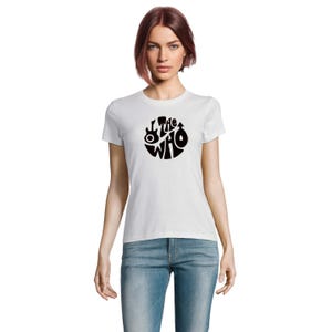 May include: White t-shirt with a black circular graphic featuring the words "The Who" in a stylized design. The shirt has short sleeves and a crew neck. The model is wearing blue jeans.