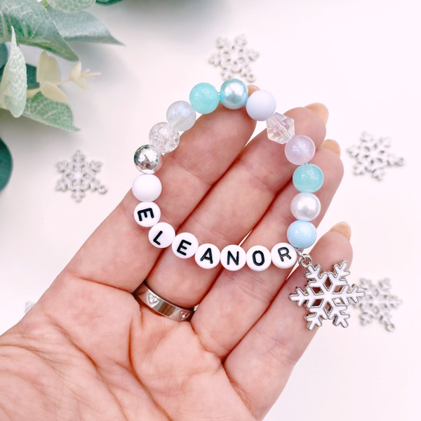 Personalised Snowflake Bracelet - Frozen Bracelet - Children's Bracelet - Girls Gift Ideas - Custom Kids Bracelet - Blue Beaded Bracelet