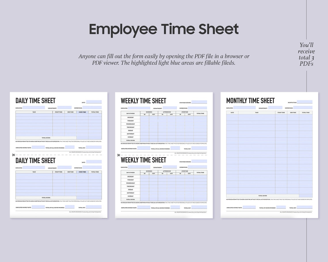 Employee Time Sheet Printable, Work Hour Tracker, Editable Time Card, Timesheet Template ...