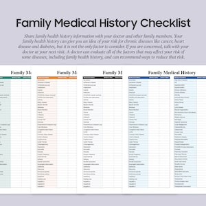 May include: A printable family medical history checklist with a title at the top. The checklist is divided into four sections, each with a different color header. The text includes instructions on sharing health information with doctors and family.