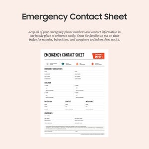 Emergency Contact Sheet: Important contact information for Nanny or Babysitter. Instant download. Printable PDF form. Letter & A4.