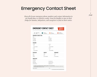 Emergency Contact Sheet: Important contact information for Nanny or Babysitter. Instant download. Printable PDF form. Letter & A4.