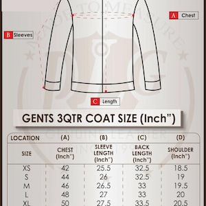 May include: A size chart for a men's 3/4 coat, with measurements in inches. The chart includes chest, sleeve, back length, and shoulder measurements for sizes XS to 5XL. A diagram of the coat is also included.