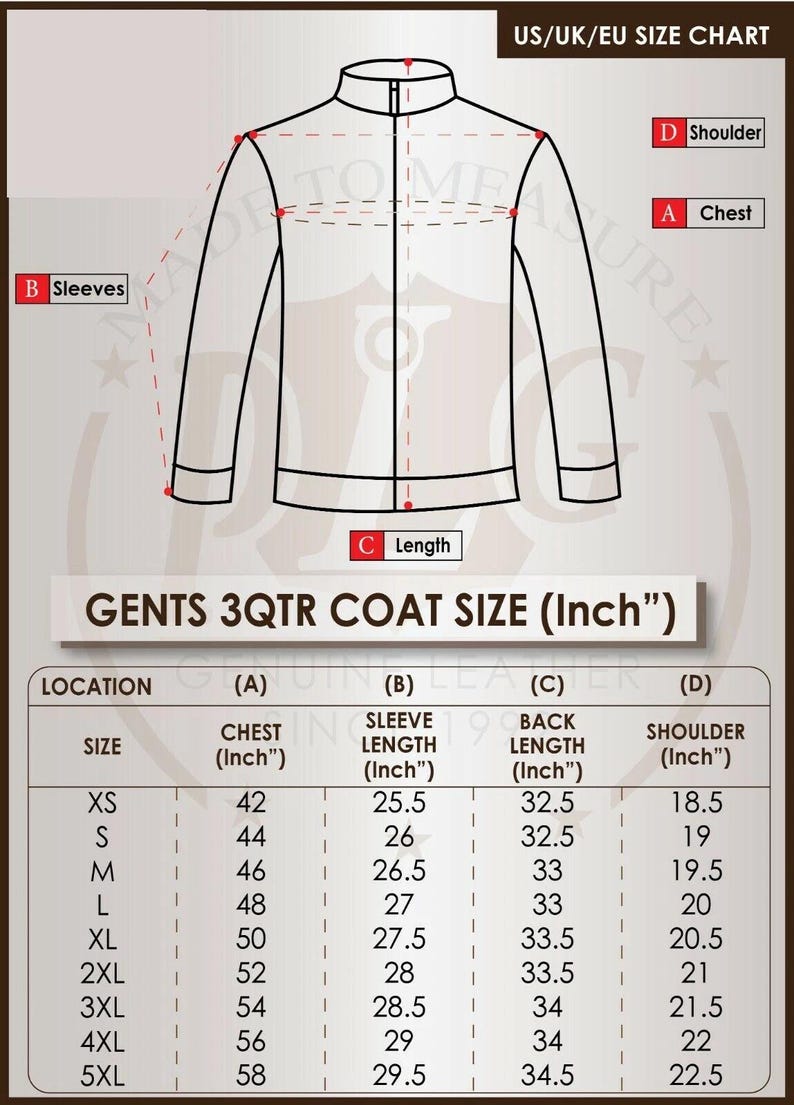 May include: A size chart for a men's 3/4 coat, with measurements in inches. The chart includes chest, sleeve, back length, and shoulder measurements for sizes XS to 5XL. A diagram of the coat is also included.