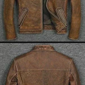 May include: A brown leather jacket with a stand-up collar and a zip-up front. The jacket has two front pockets with zippers and a quilted lining. The image shows both the front and back of the jacket.