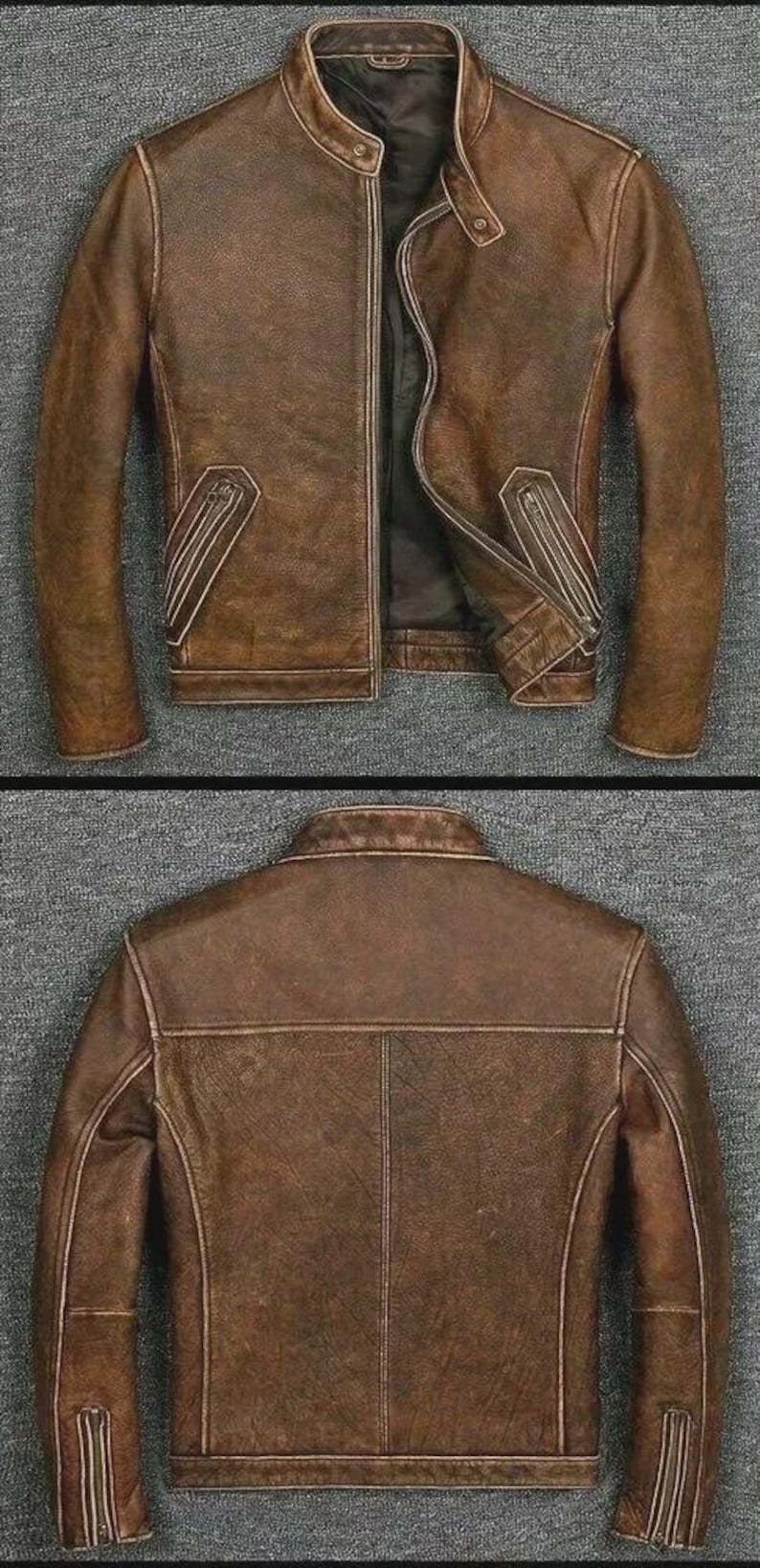 May include: A brown leather jacket with a stand-up collar and a zip-up front. The jacket has two front pockets with zippers and a quilted lining. The image shows both the front and back of the jacket.
