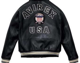 Handmade Real Leather Varsity Bomber Jacket: USA Heritage Patch