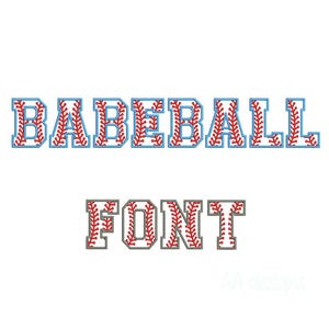 May include: Baseball font embroidery design with the words "BASEBALL FONT" in a red and white baseball stitch pattern.