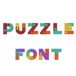 May include: The words "PUZZLE FONT" are spelled out in a colorful font made of puzzle pieces. The letters are in various colors, including red, yellow, blue, green, and purple.