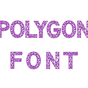 以下が含まれることがあります： 「POLYGON FONT」という単語が、大胆な幾何学的なスタイルで書かれた、紫色のポリゴンフォントのデザインです。