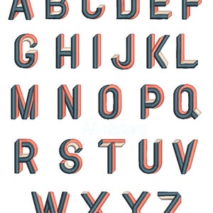 May include: A set of uppercase letters in a 3D style font. The letters are in a dark blue and light coral color scheme. The letters are outlined in white.