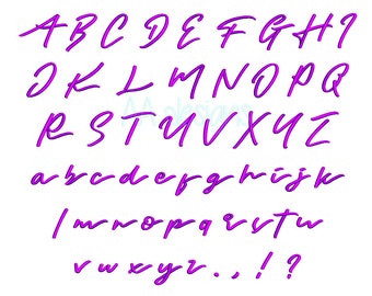 May include: A handwritten alphabet in a bold, purple font. The letters are written in a cursive style with a slight slant to the right. The alphabet includes uppercase and lowercase letters, as well as punctuation marks.