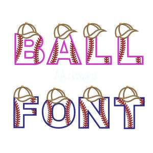 May include: A baseball-themed font design. The word "BALL" is in pink, and "FONT" is in blue. Each letter is designed with a baseball stitch pattern and topped with a baseball cap. The design is on a white background.