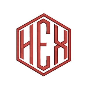 May include: Red embroidered monogram design featuring the letters H, E, and X within a hexagonal frame. The design is on a white background. The letters are in a bold, sans-serif font.